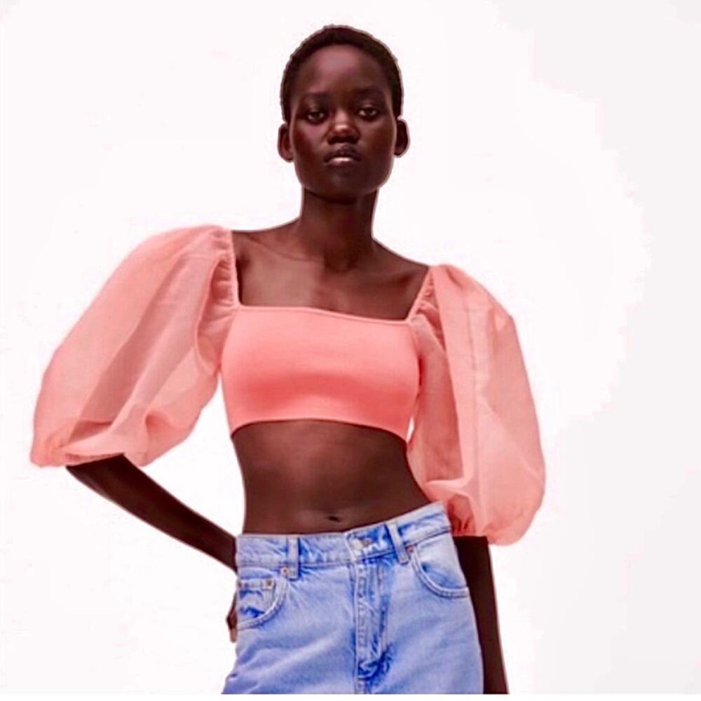 Zara Puff Sleeve Cropped Top Pink